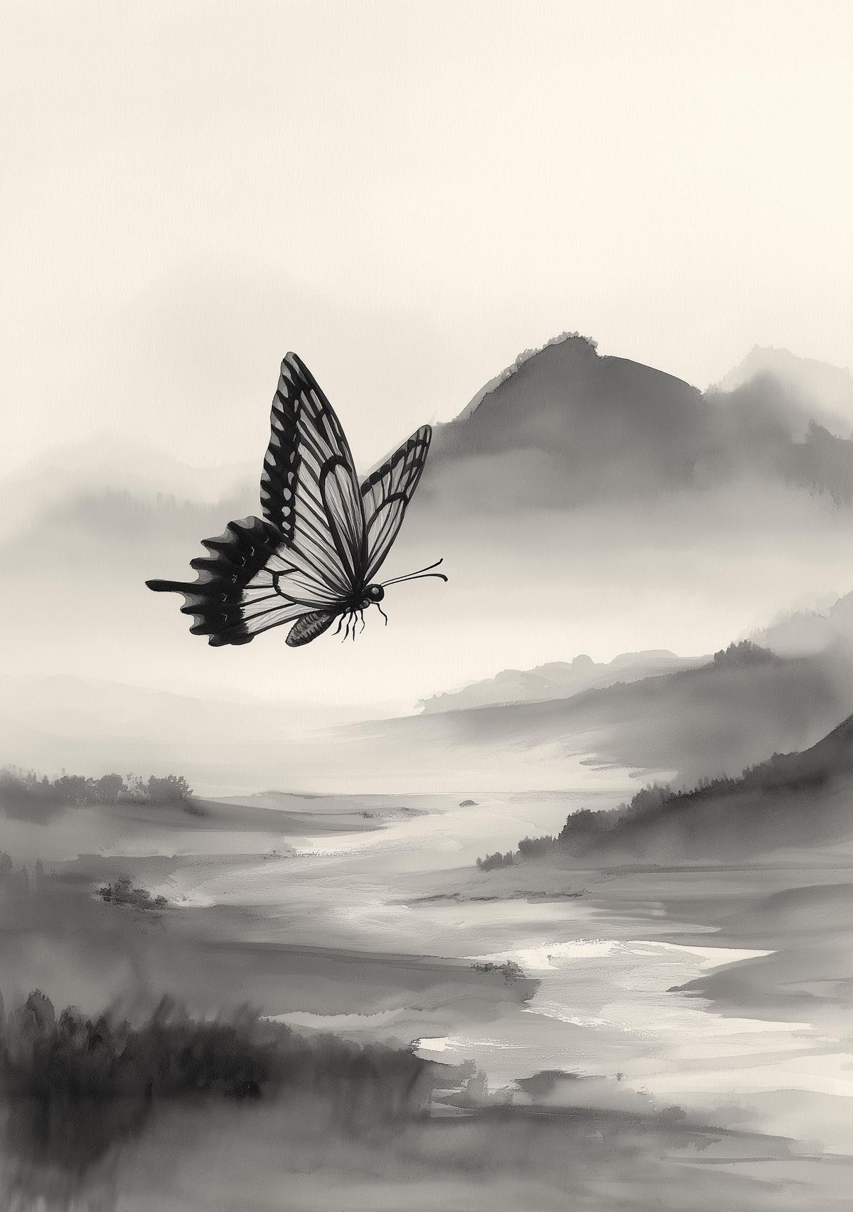 Asian Landscape Butterfly Art, Misty Mountain Wall Print, Japandi Décor, Zen Nature Painting by The Wall Art Studio - phys...