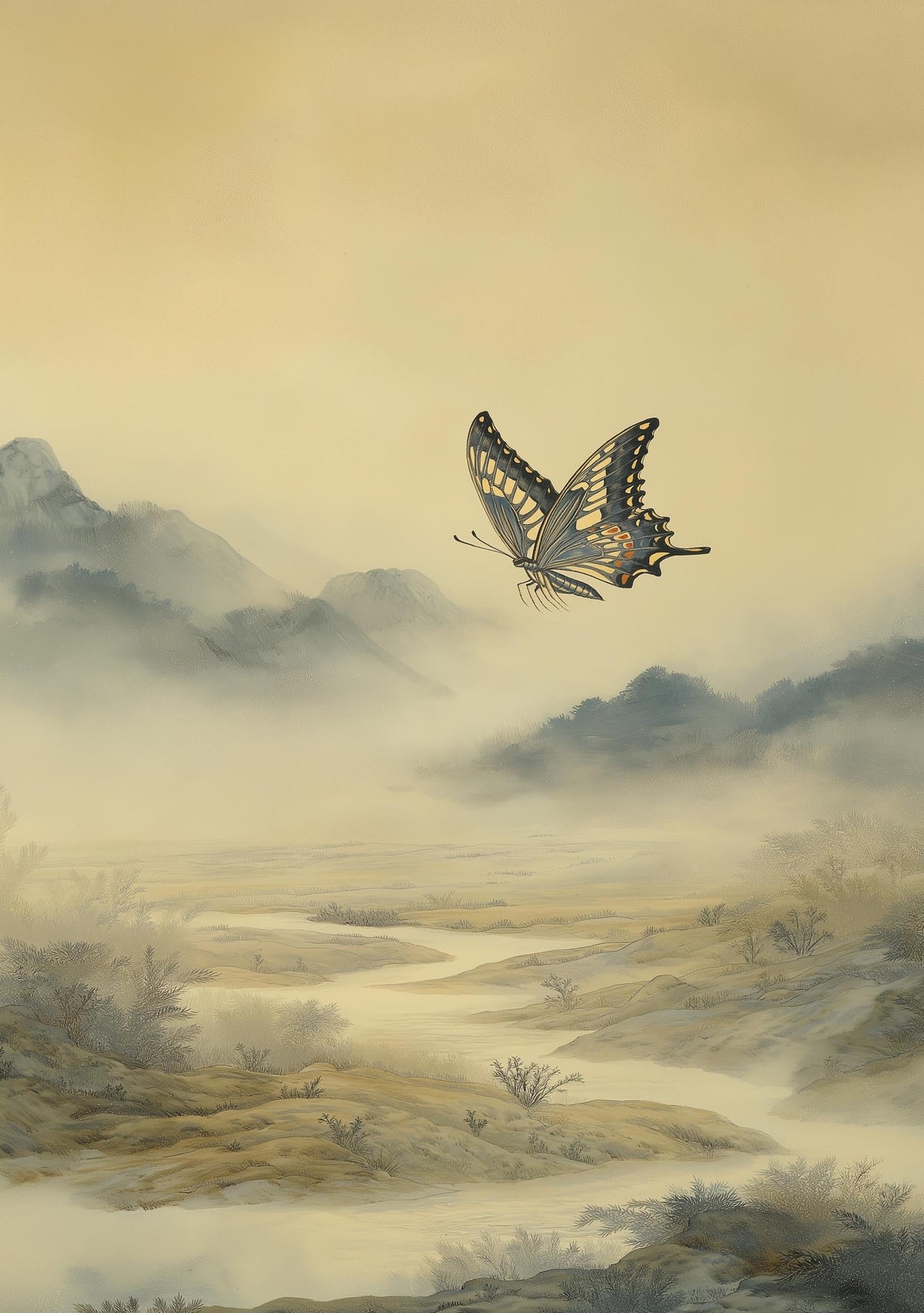 Asian Landscape Butterfly Art, Misty Mountain Wall Print, Japandi Décor, Zen Nature Painting by The Wall Art Studio - phys...