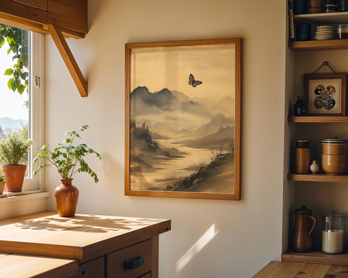 Asian Landscape Butterfly Art, Misty Mountain Wall Print, Japandi Décor, Zen Nature Painting by The Wall Art Studio - phys...