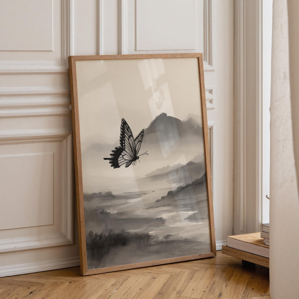 Asian Landscape Butterfly Art, Misty Mountain Wall Print, Japandi Décor, Zen Nature Painting by The Wall Art Studio - phys...