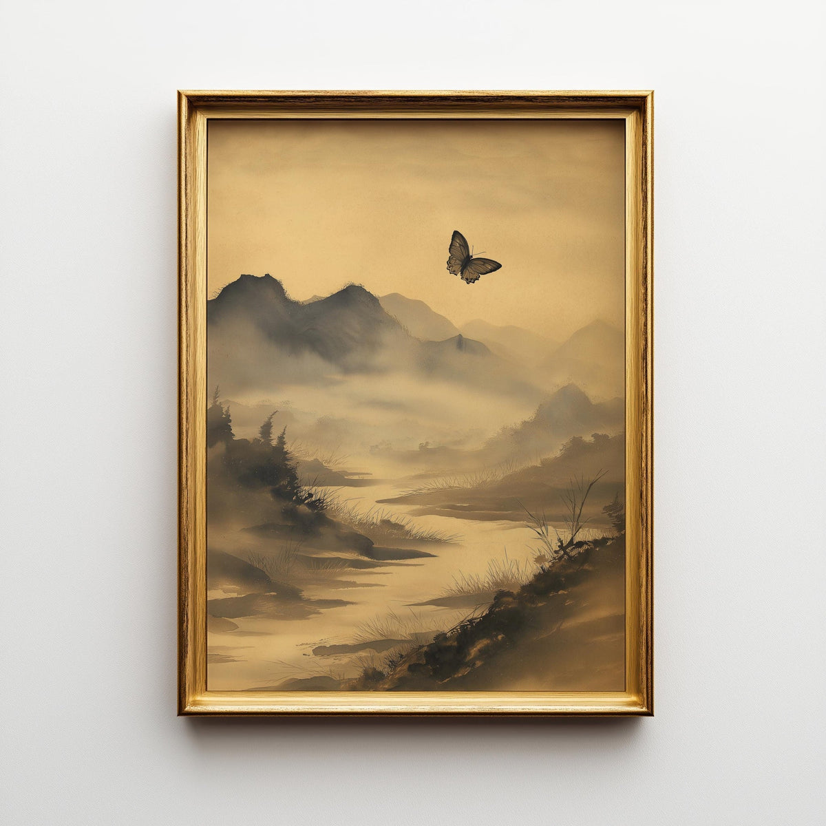 Asian Landscape Butterfly Art, Misty Mountain Wall Print, Japandi Décor, Zen Nature Painting by The Wall Art Studio - phys...