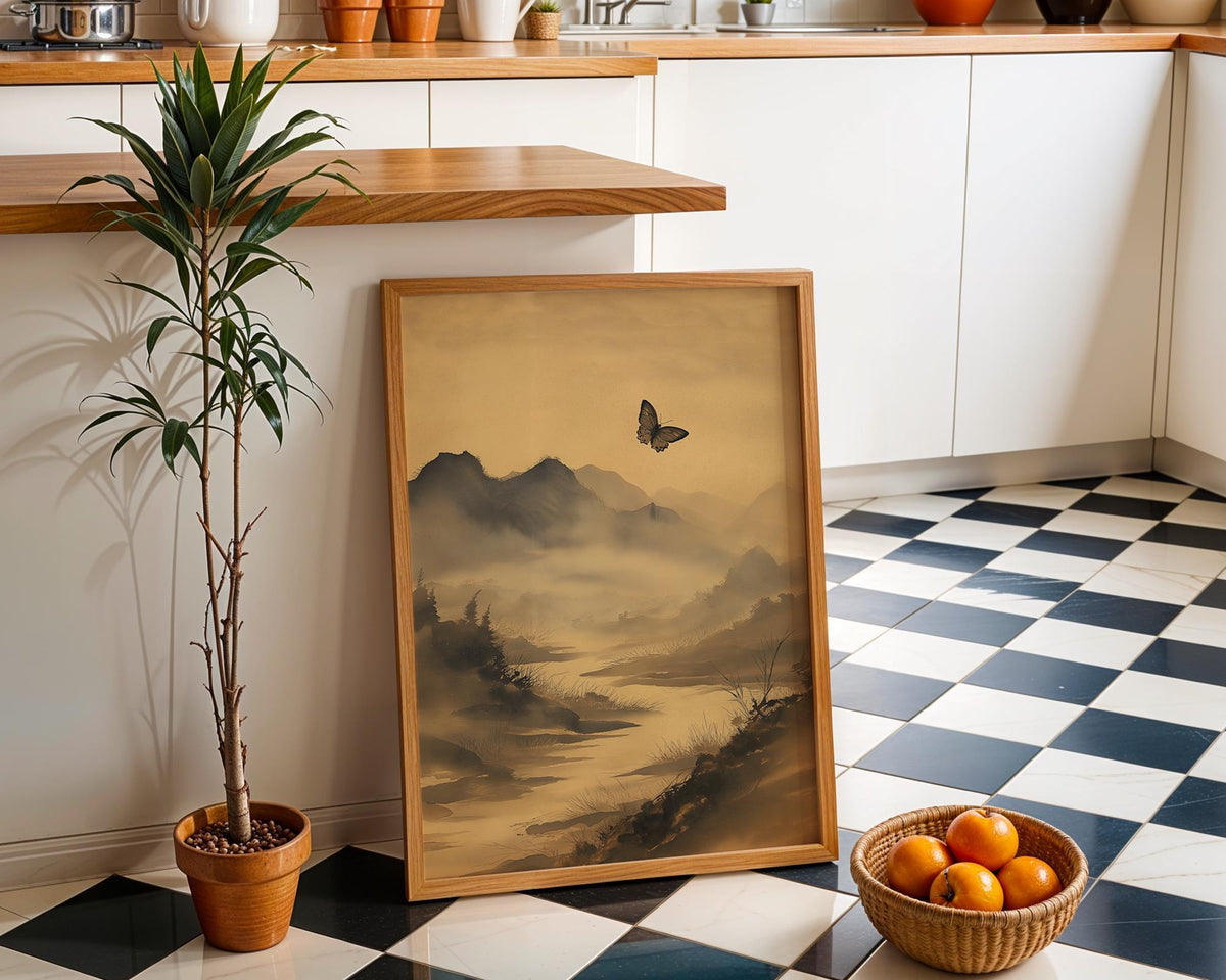 Asian Landscape Butterfly Art, Misty Mountain Wall Print, Japandi Décor, Zen Nature Painting by The Wall Art Studio - phys...
