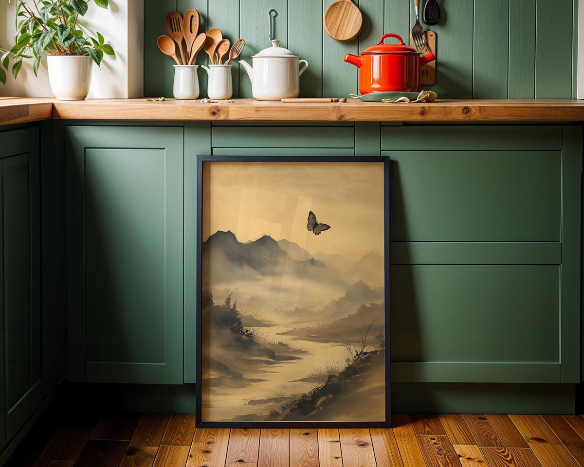 Asian Landscape Butterfly Art, Misty Mountain Wall Print, Japandi Décor, Zen Nature Painting by The Wall Art Studio - phys...