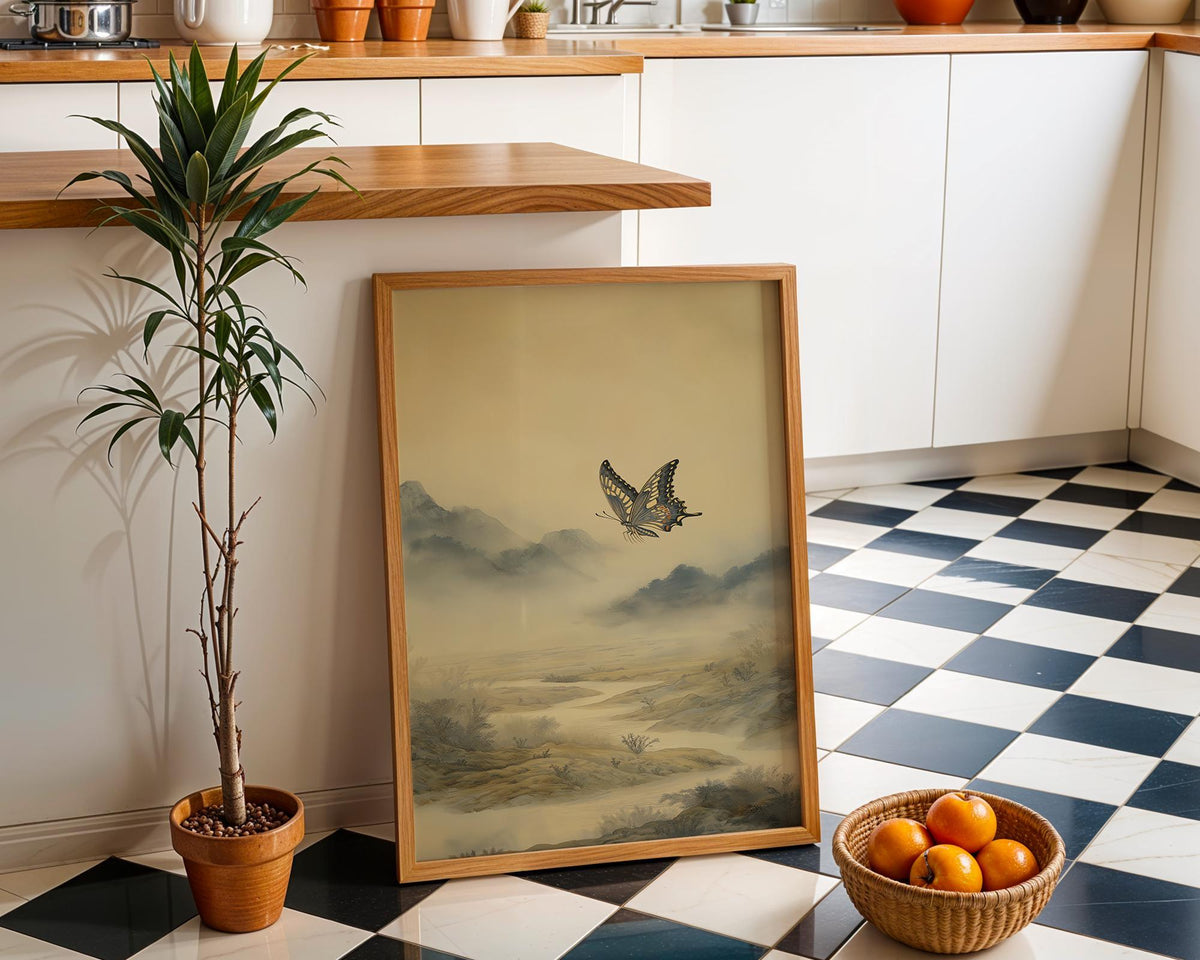 Asian Landscape Butterfly Art, Misty Mountain Wall Print, Japandi Décor, Zen Nature Painting by The Wall Art Studio - phys...