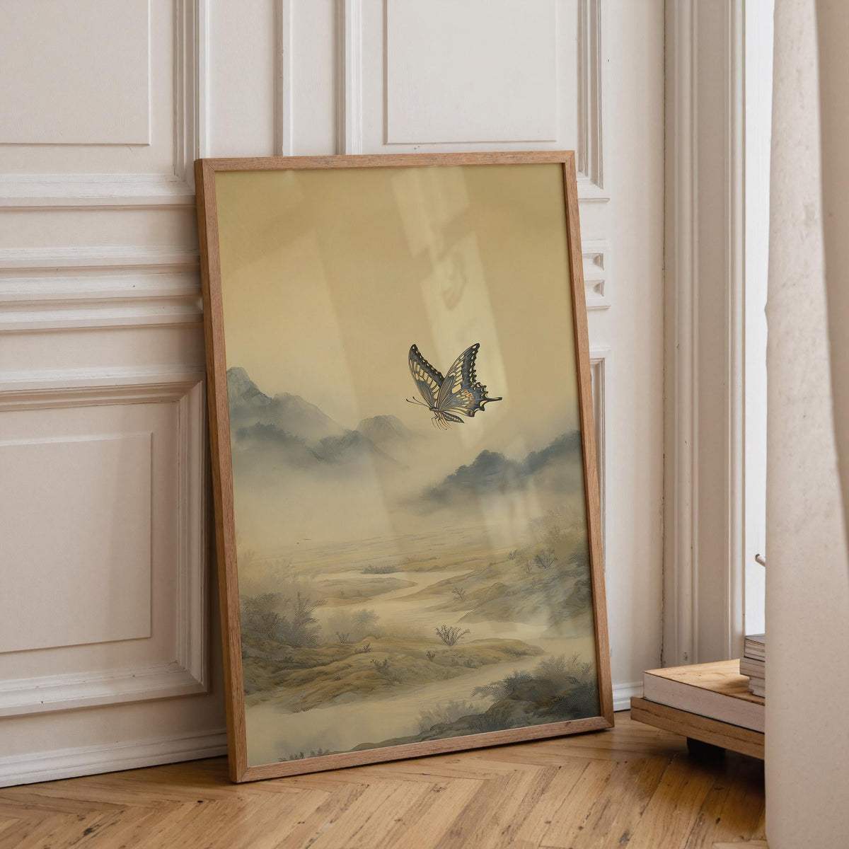 Asian Landscape Butterfly Art, Misty Mountain Wall Print, Japandi Décor, Zen Nature Painting by The Wall Art Studio - phys...