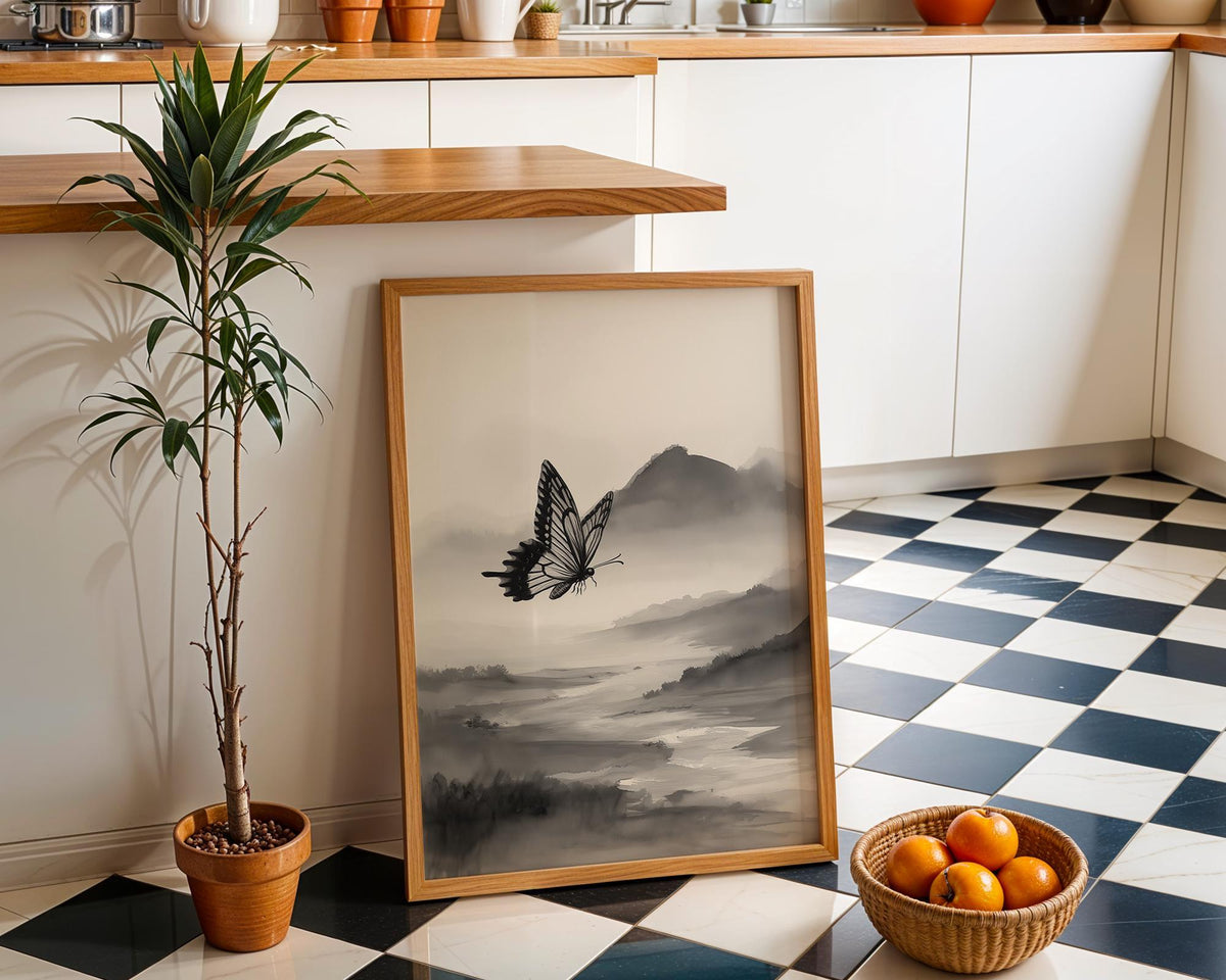 Asian Landscape Butterfly Art, Misty Mountain Wall Print, Japandi Décor, Zen Nature Painting by The Wall Art Studio - phys...