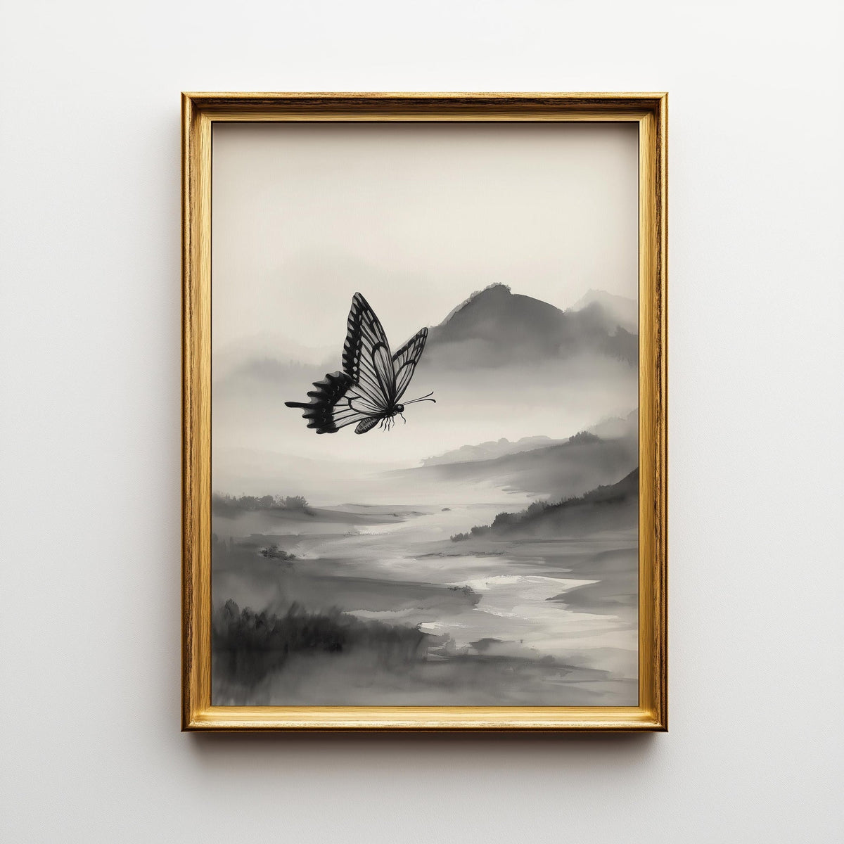 Asian Landscape Butterfly Art, Misty Mountain Wall Print, Japandi Décor, Zen Nature Painting by The Wall Art Studio - phys...