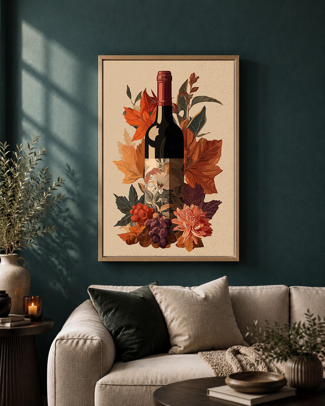 Autumn Wine Bottle Framed Canvas Art, Rustic Vineyard Floral Print, Kitchen Decor by The Wall Art Studio - physical