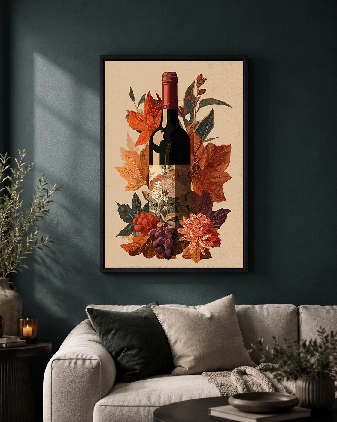 Autumn Wine Bottle Framed Canvas Art, Rustic Vineyard Floral Print, Kitchen Decor by The Wall Art Studio - physical