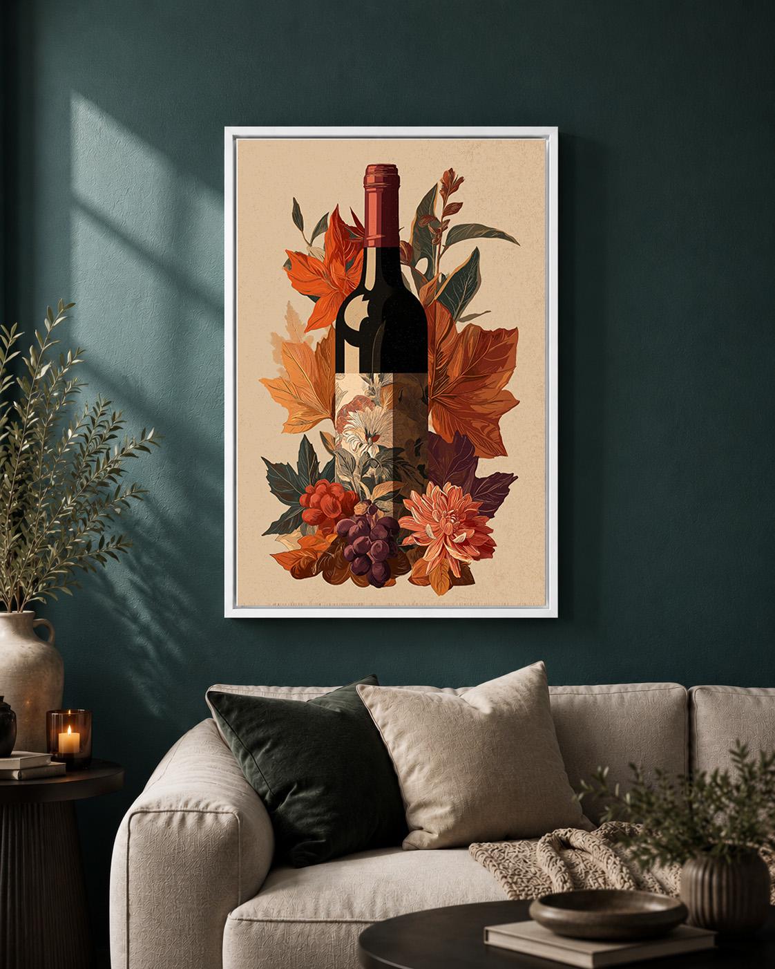 Autumn Wine Bottle Framed Canvas Art, Rustic Vineyard Floral Print, Kitchen Decor by The Wall Art Studio - physical