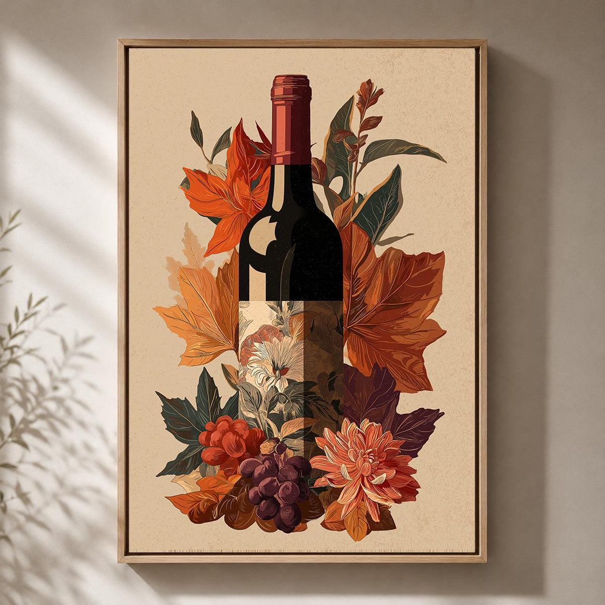 Autumn Wine Bottle Framed Canvas Art, Rustic Vineyard Floral Print, Kitchen Decor by The Wall Art Studio - physical