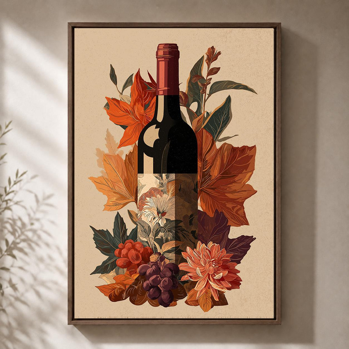 Autumn Wine Bottle Framed Canvas Art, Rustic Vineyard Floral Print, Kitchen Decor by The Wall Art Studio - physical