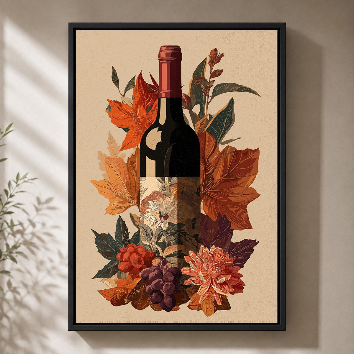 Autumn Wine Bottle Framed Canvas Art, Rustic Vineyard Floral Print, Kitchen Decor by The Wall Art Studio - physical