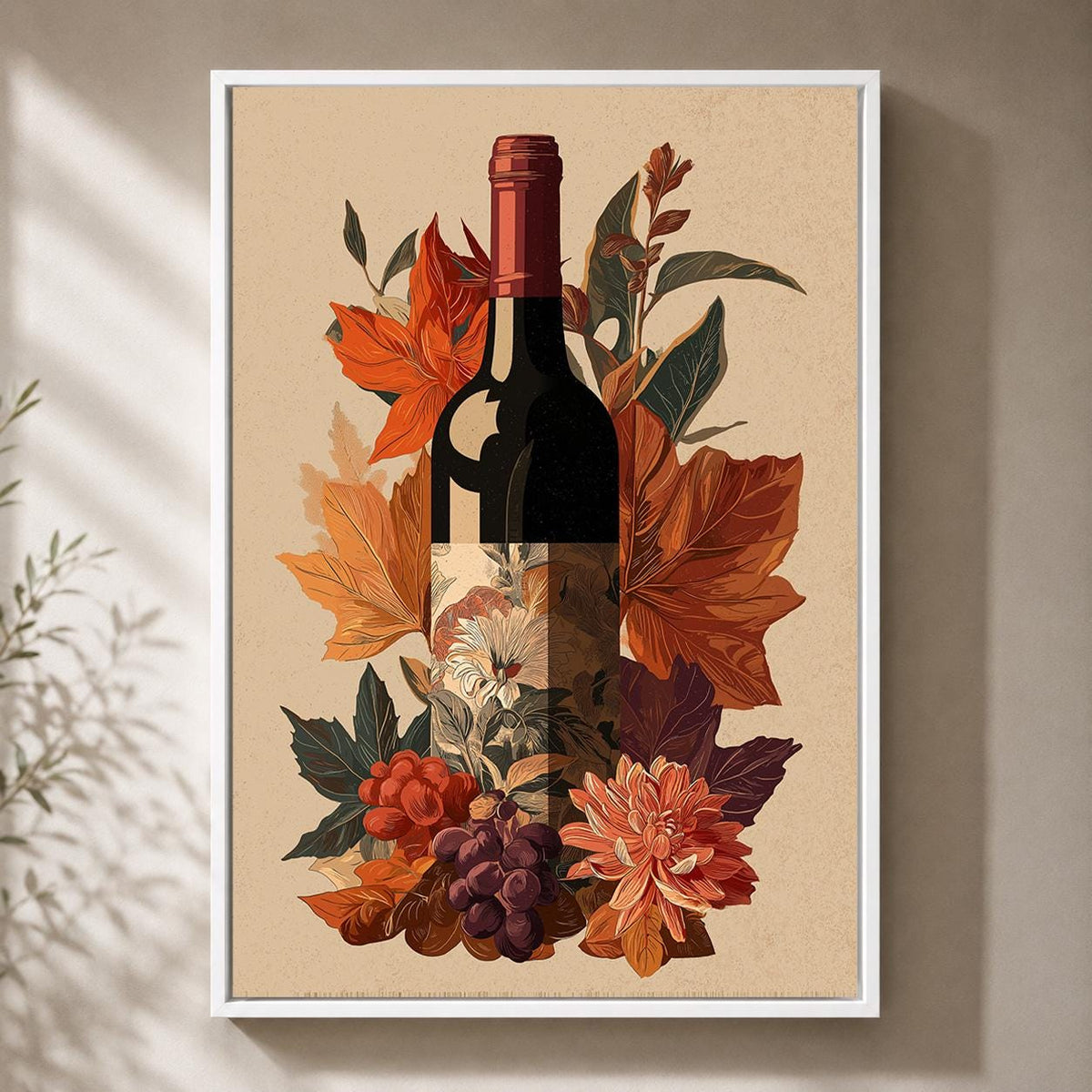 Autumn Wine Bottle Framed Canvas Art, Rustic Vineyard Floral Print, Kitchen Decor by The Wall Art Studio - physical