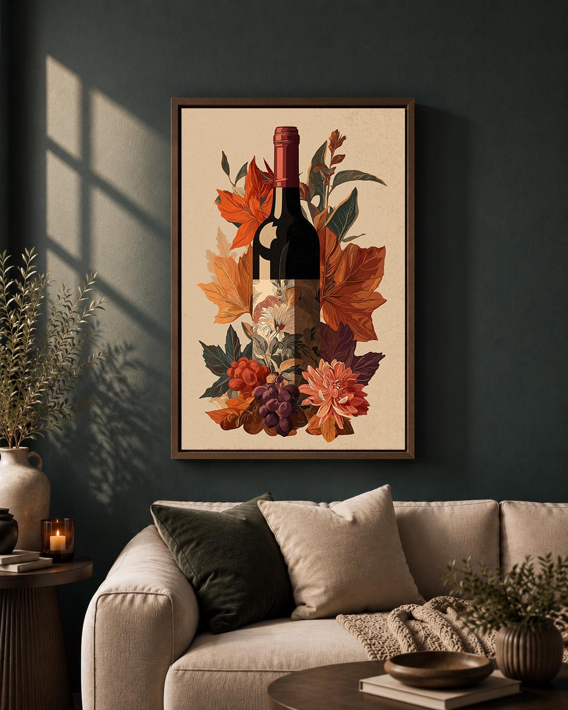 Autumn Wine Bottle Framed Canvas Art, Rustic Vineyard Floral Print, Kitchen Decor by The Wall Art Studio - physical