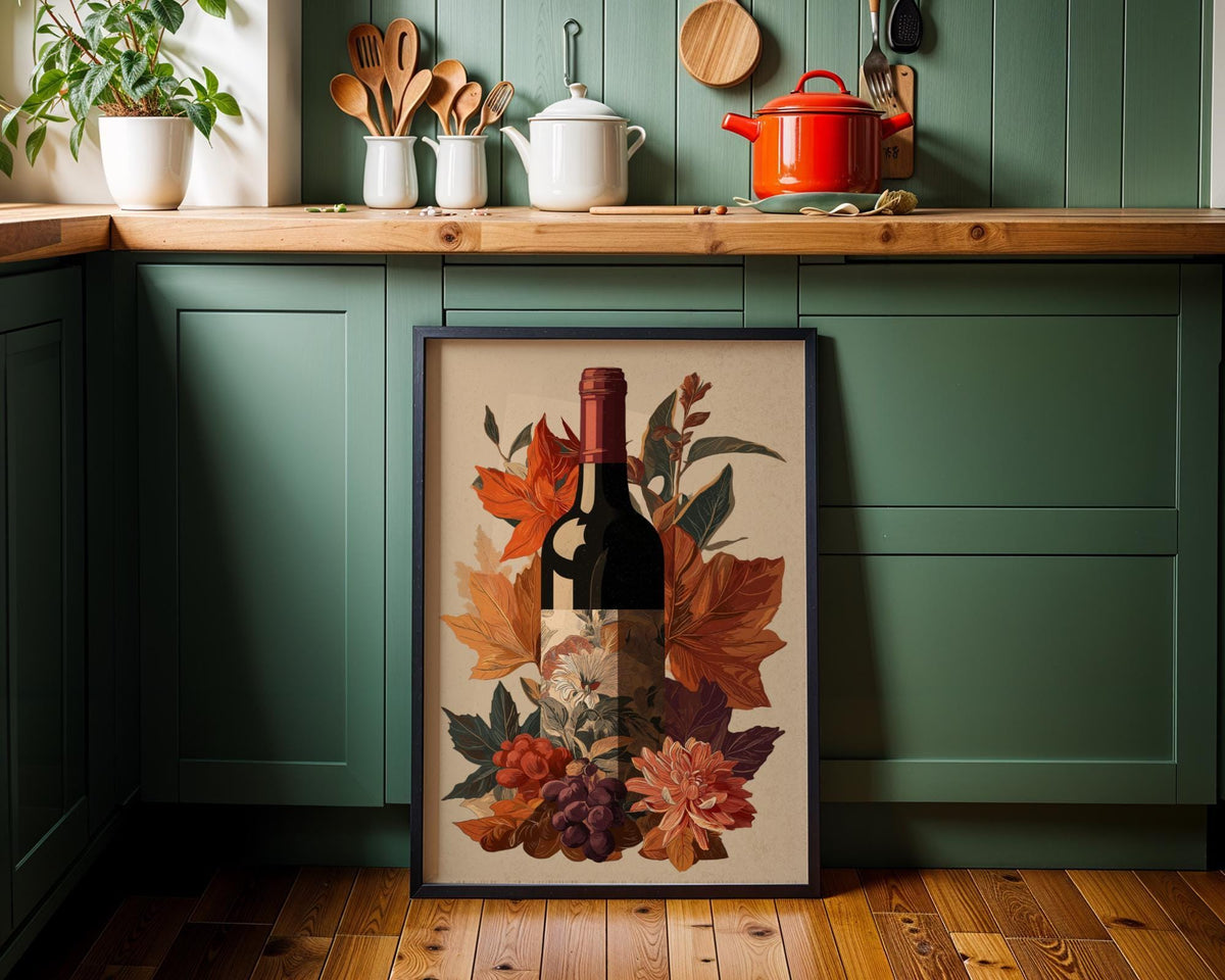 Autumn Wine Bottle Print | Rustic Fall Floral Kitchen Wall Art Poster | Autumn Wall Art Print | Fall Art | Kitchen Wall Ar...