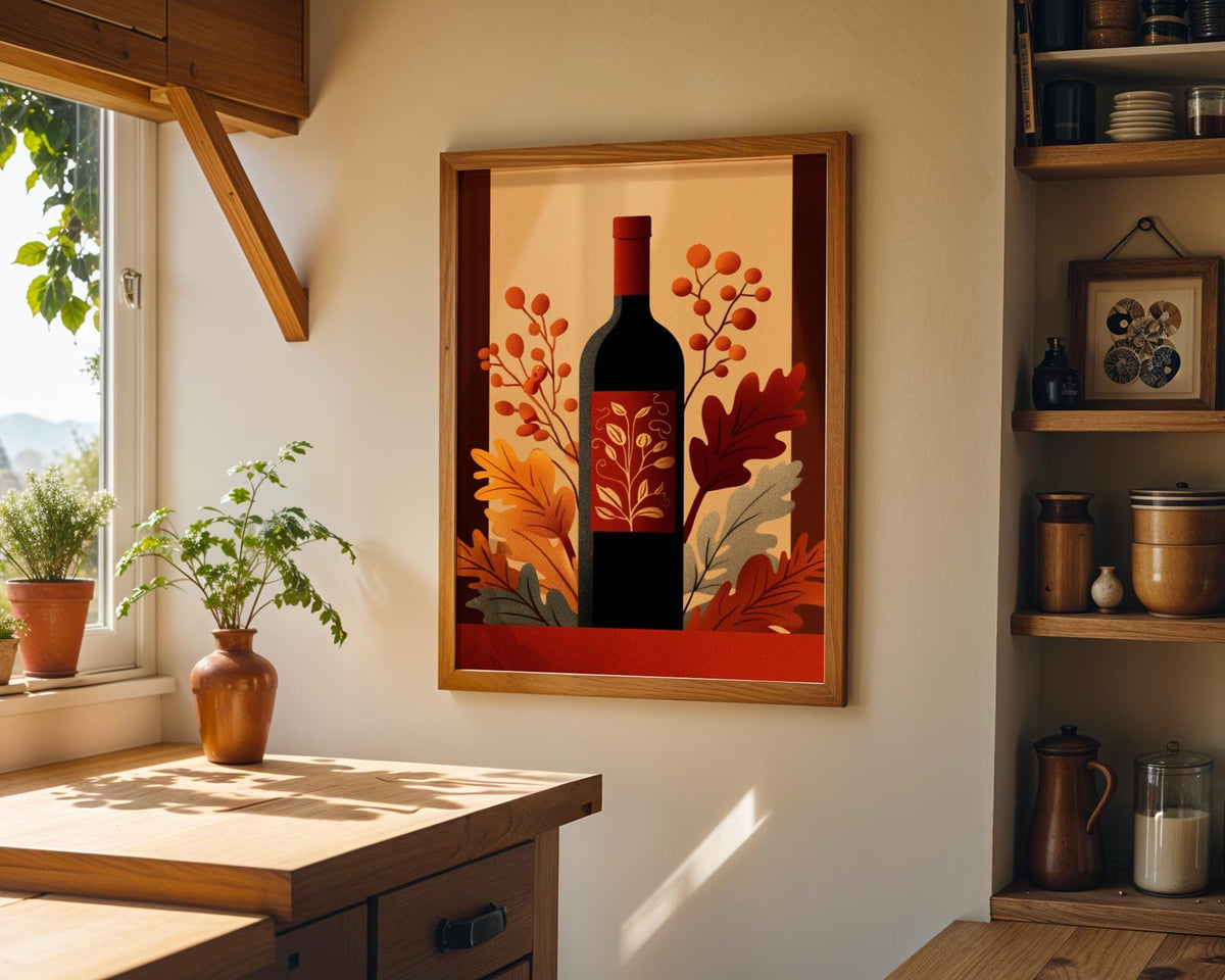 Autumn Wine Bottle Print | Rustic Fall Floral Kitchen Wall Art Poster | Autumn Wall Art Print | Fall Art | Kitchen Wall Ar...