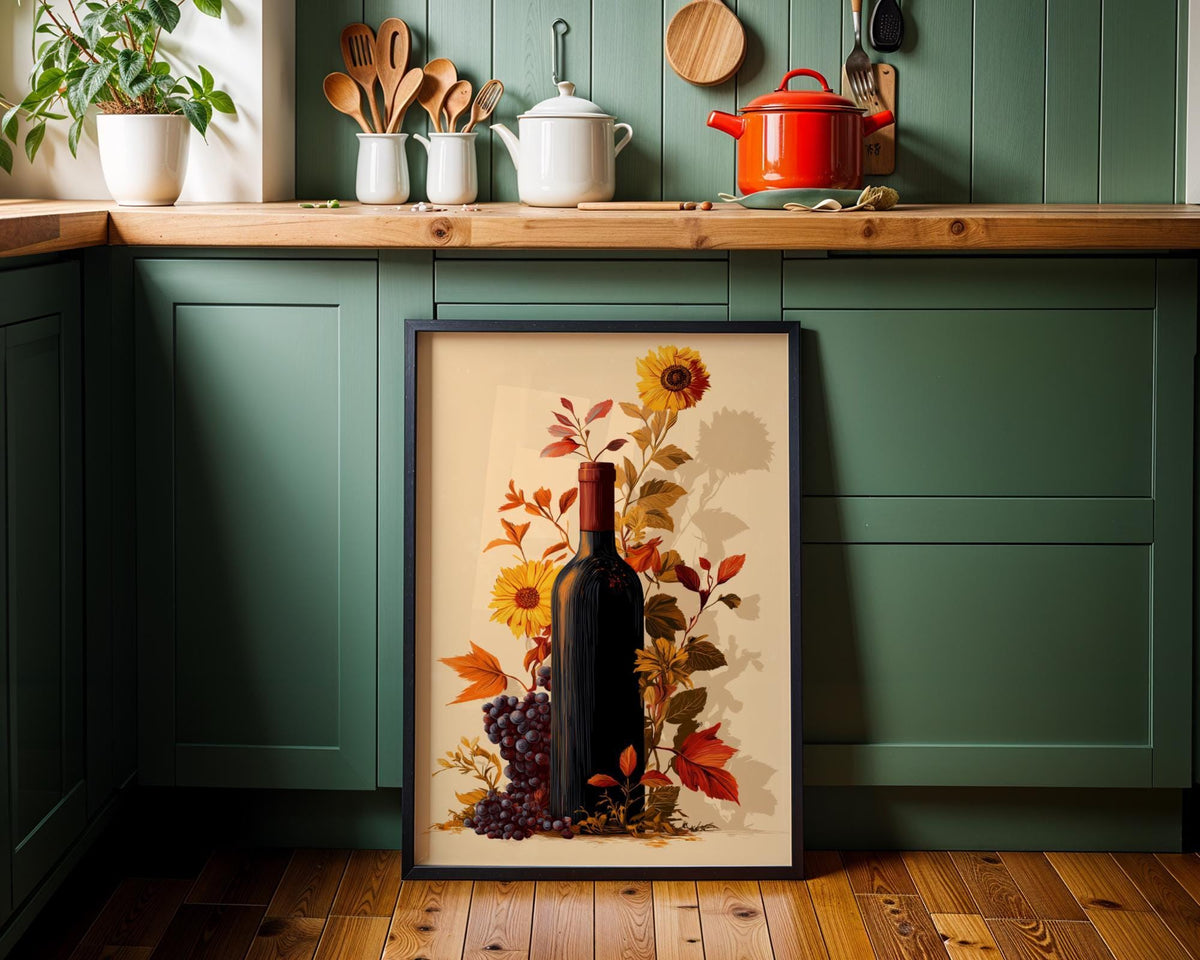 Autumn Wine Bottle Print | Rustic Fall Floral Kitchen Wall Art Poster | Autumn Wall Art Print | Fall Art | Kitchen Wall Ar...
