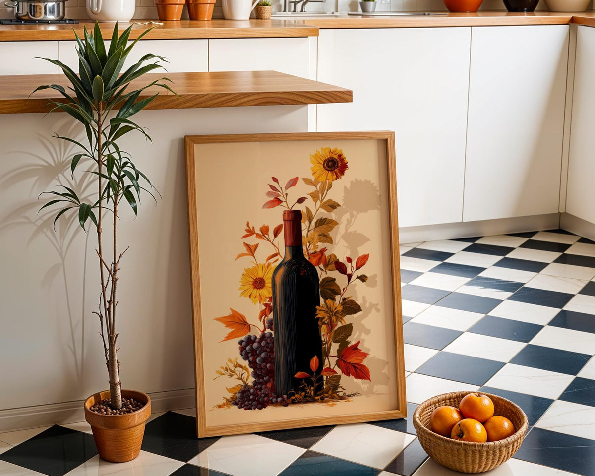 Autumn Wine Bottle Print | Rustic Fall Floral Kitchen Wall Art Poster | Autumn Wall Art Print | Fall Art | Kitchen Wall Ar...
