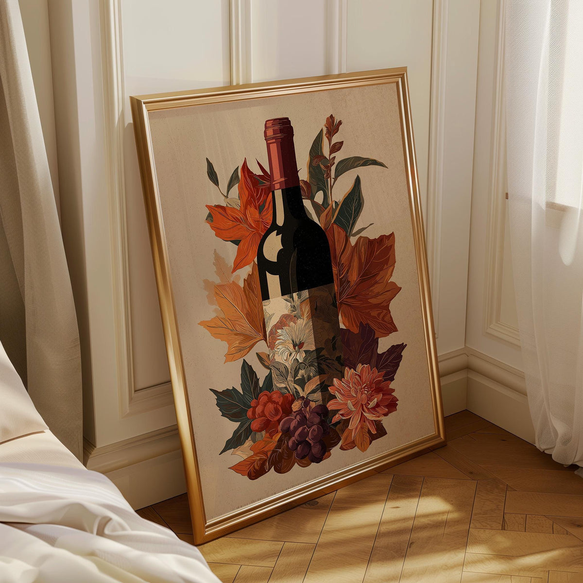 Autumn Wine Bottle Print | Rustic Fall Floral Kitchen Wall Art Poster | Autumn Wall Art Print | Fall Art | Kitchen Wall Ar...