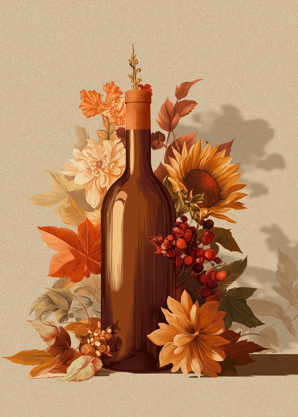 Autumn Wine Bottle Print | Rustic Fall Floral Kitchen Wall Art Poster | Autumn Wall Art Print | Fall Art | Kitchen Wall Ar...
