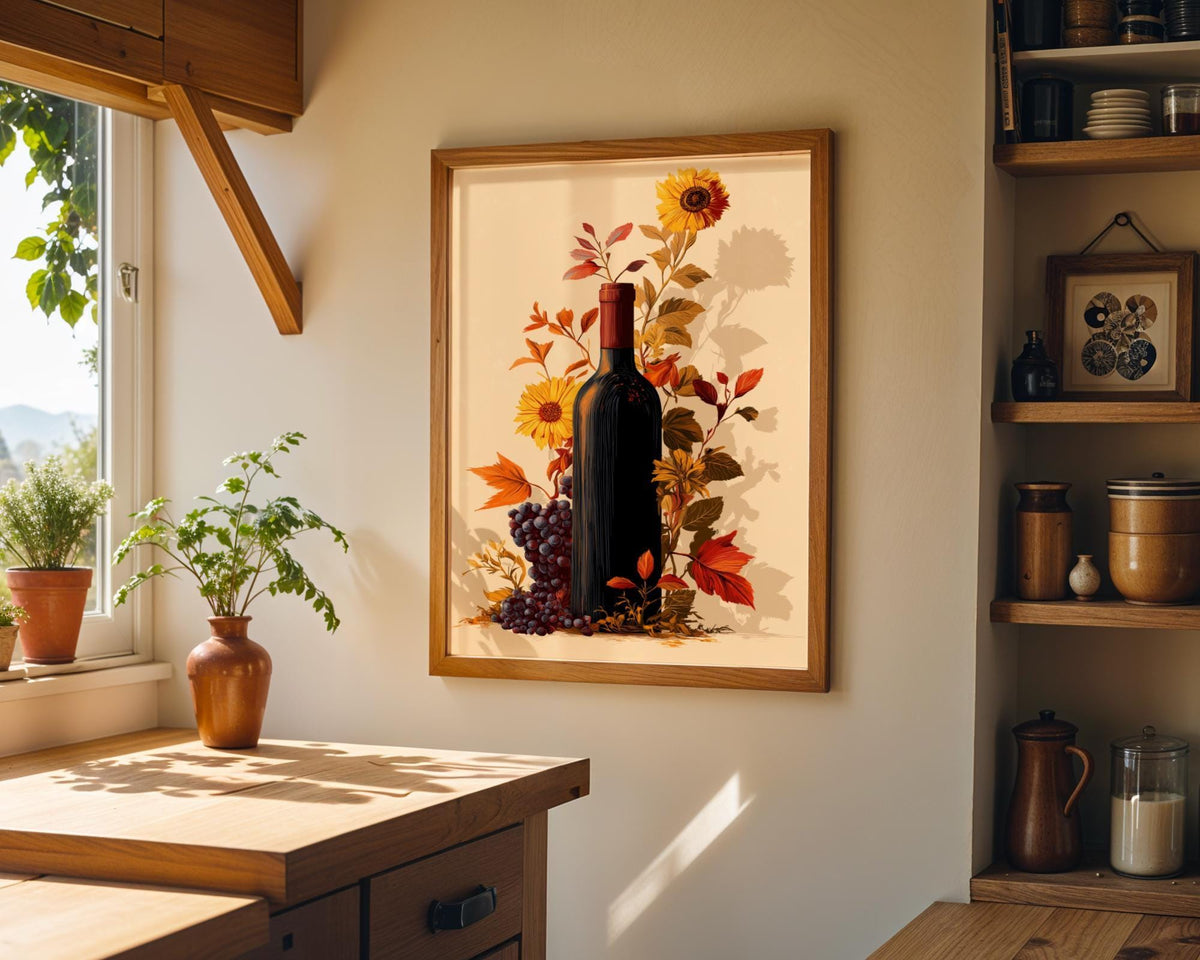 Autumn Wine Bottle Print | Rustic Fall Floral Kitchen Wall Art Poster | Autumn Wall Art Print | Fall Art | Kitchen Wall Ar...