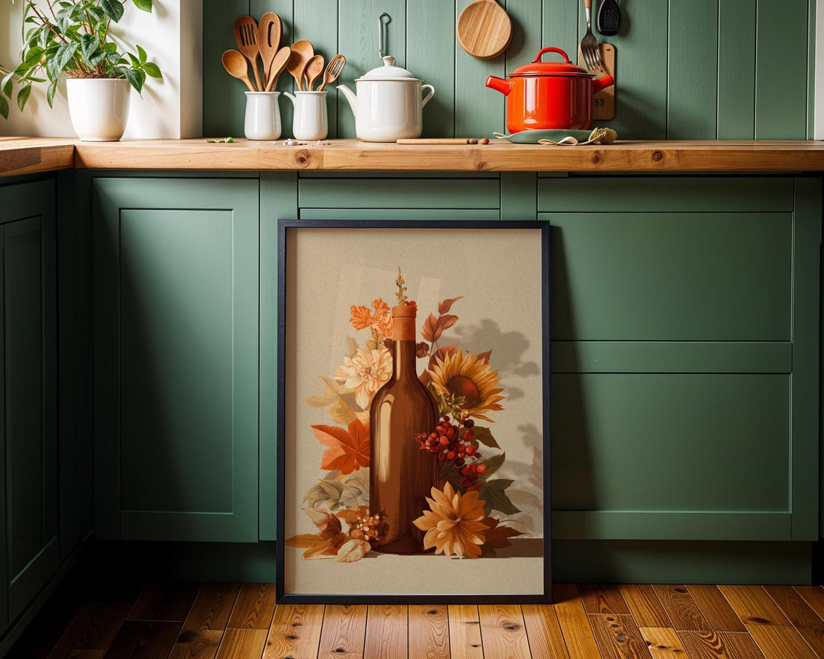 Autumn Wine Bottle Print | Rustic Fall Floral Kitchen Wall Art Poster | Autumn Wall Art Print | Fall Art | Kitchen Wall Ar...
