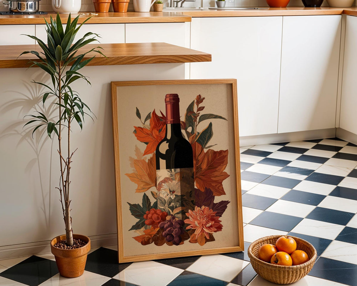Autumn Wine Bottle Print | Rustic Fall Floral Kitchen Wall Art Poster | Autumn Wall Art Print | Fall Art | Kitchen Wall Ar...