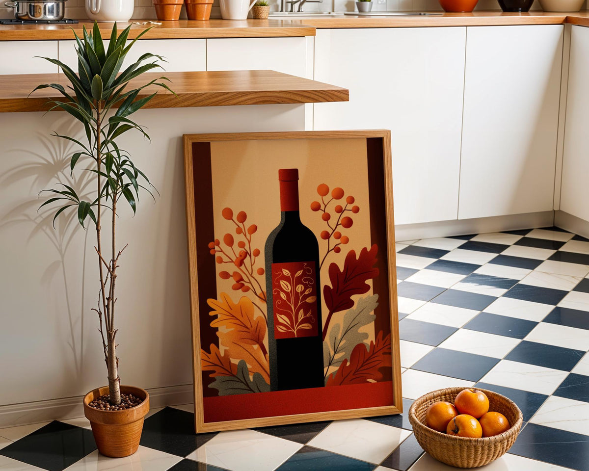 Autumn Wine Bottle Print | Rustic Fall Floral Kitchen Wall Art Poster | Autumn Wall Art Print | Fall Art | Kitchen Wall Ar...