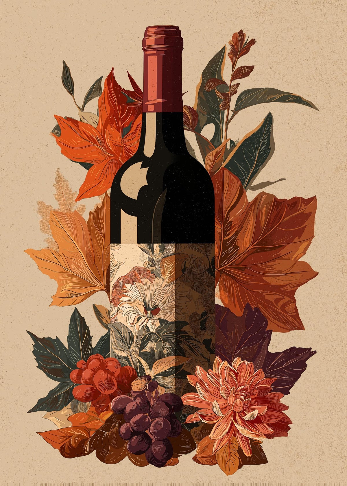 Autumn Wine Bottle Print | Rustic Fall Floral Kitchen Wall Art Poster | Autumn Wall Art Print | Fall Art | Kitchen Wall Ar...