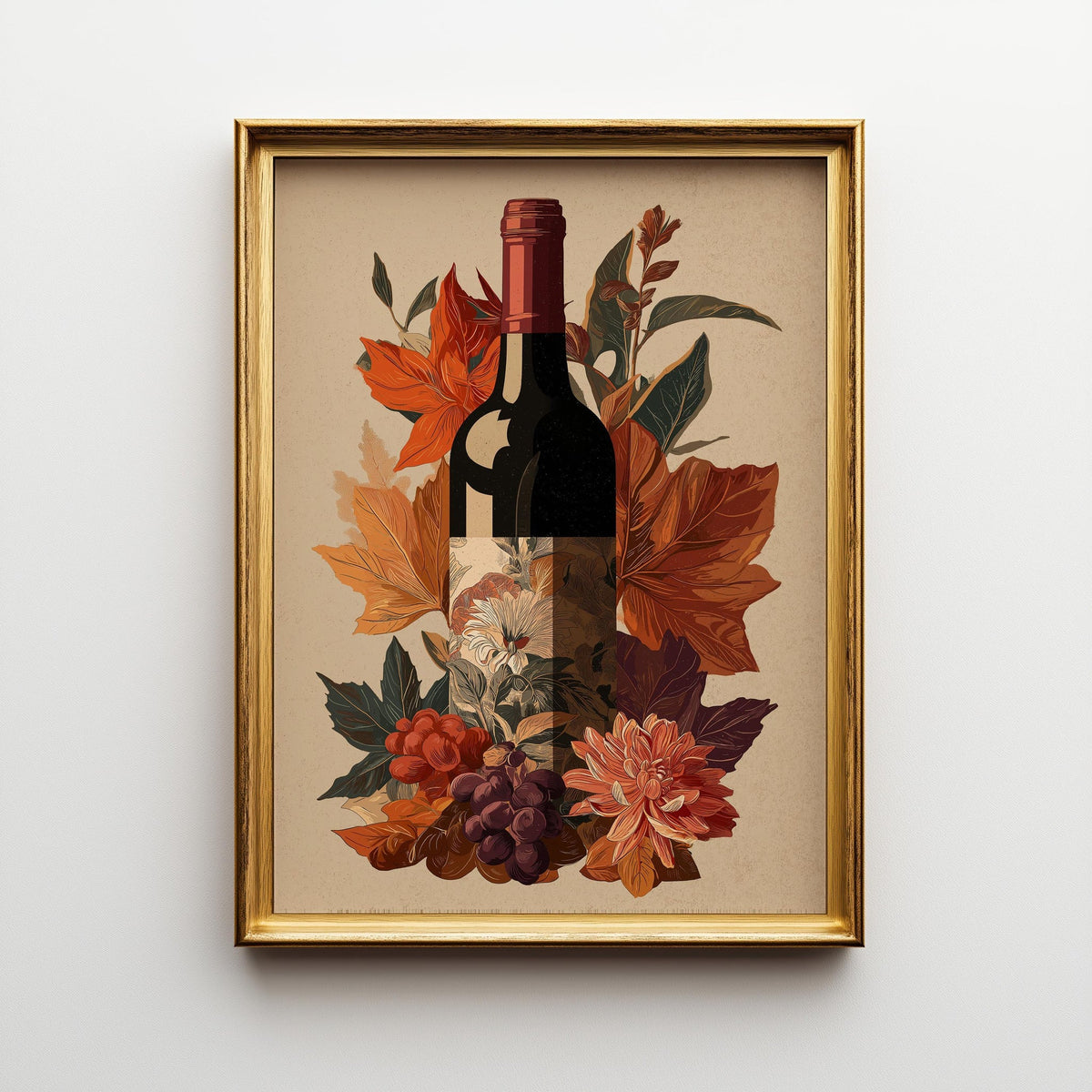 Autumn Wine Bottle Print | Rustic Fall Floral Kitchen Wall Art Poster | Autumn Wall Art Print | Fall Art | Kitchen Wall Ar...