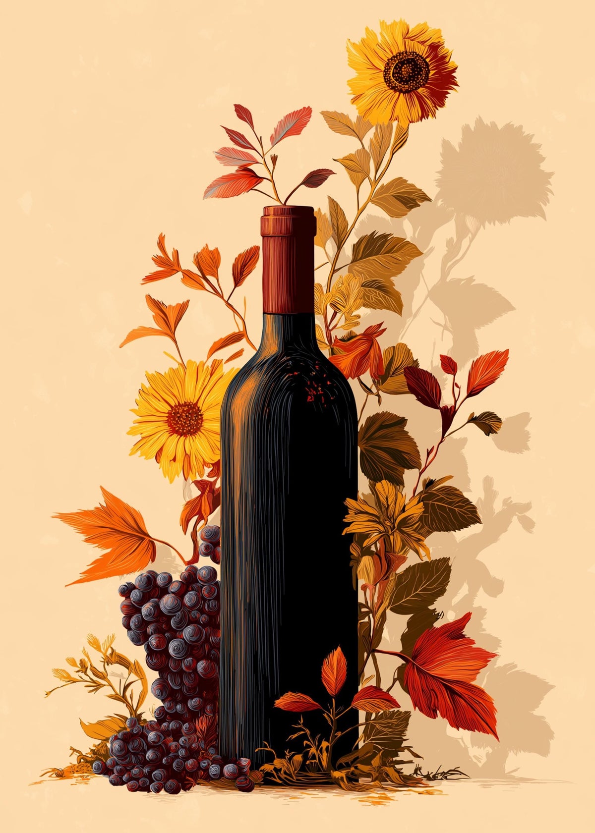 Autumn Wine Bottle Print | Rustic Fall Floral Kitchen Wall Art Poster | Autumn Wall Art Print | Fall Art | Kitchen Wall Ar...