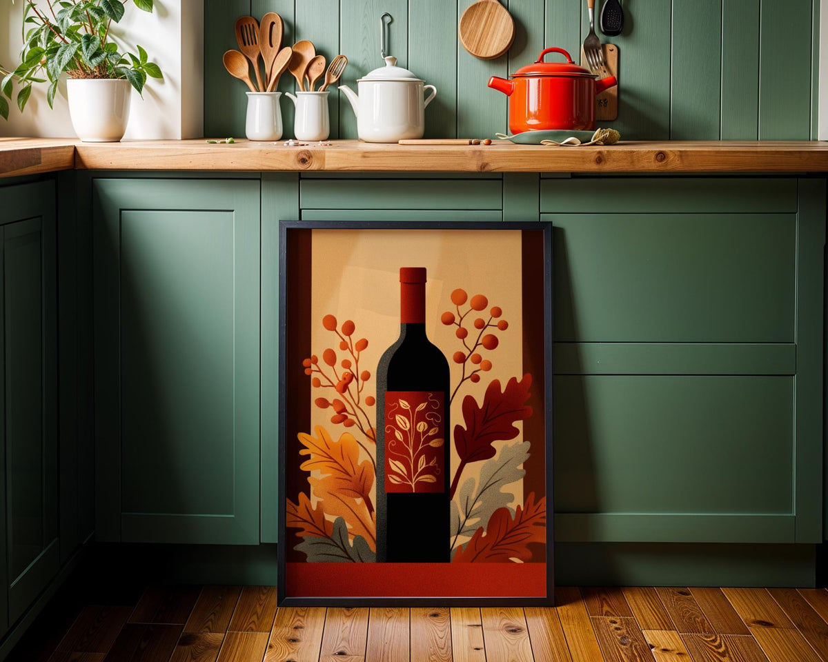 Autumn Wine Bottle Print | Rustic Fall Floral Kitchen Wall Art Poster | Autumn Wall Art Print | Fall Art | Kitchen Wall Ar...