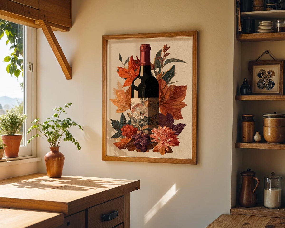 Autumn Wine Bottle Print | Rustic Fall Floral Kitchen Wall Art Poster | Autumn Wall Art Print | Fall Art | Kitchen Wall Ar...
