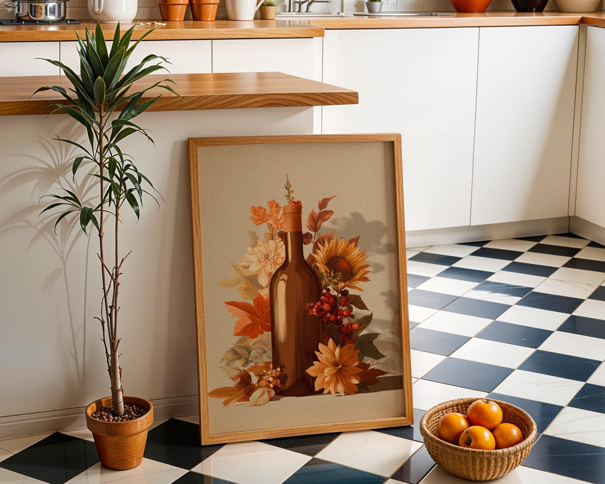 Autumn Wine Bottle Print | Rustic Fall Floral Kitchen Wall Art Poster | Autumn Wall Art Print | Fall Art | Kitchen Wall Ar...