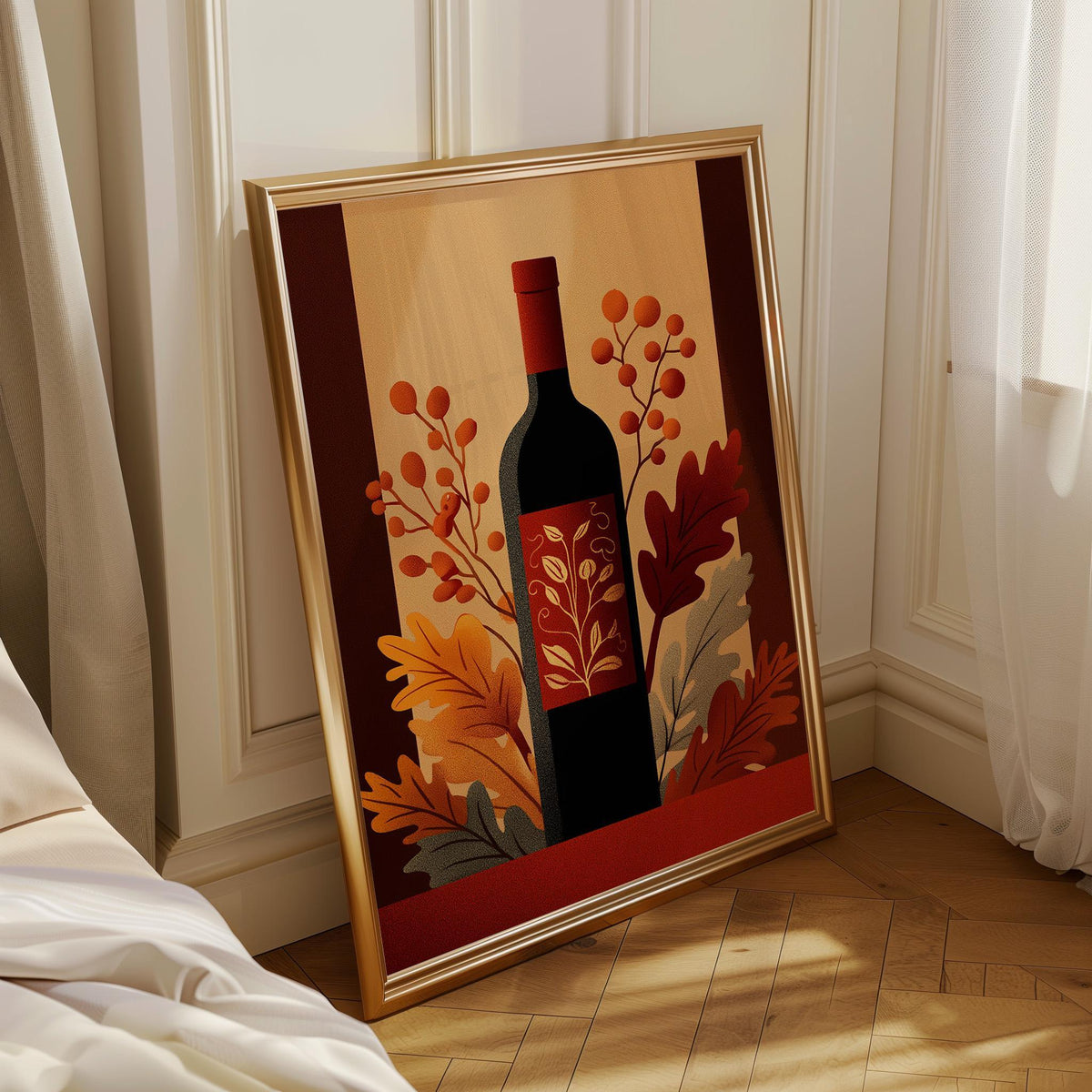 Autumn Wine Bottle Print | Rustic Fall Floral Kitchen Wall Art Poster | Autumn Wall Art Print | Fall Art | Kitchen Wall Ar...
