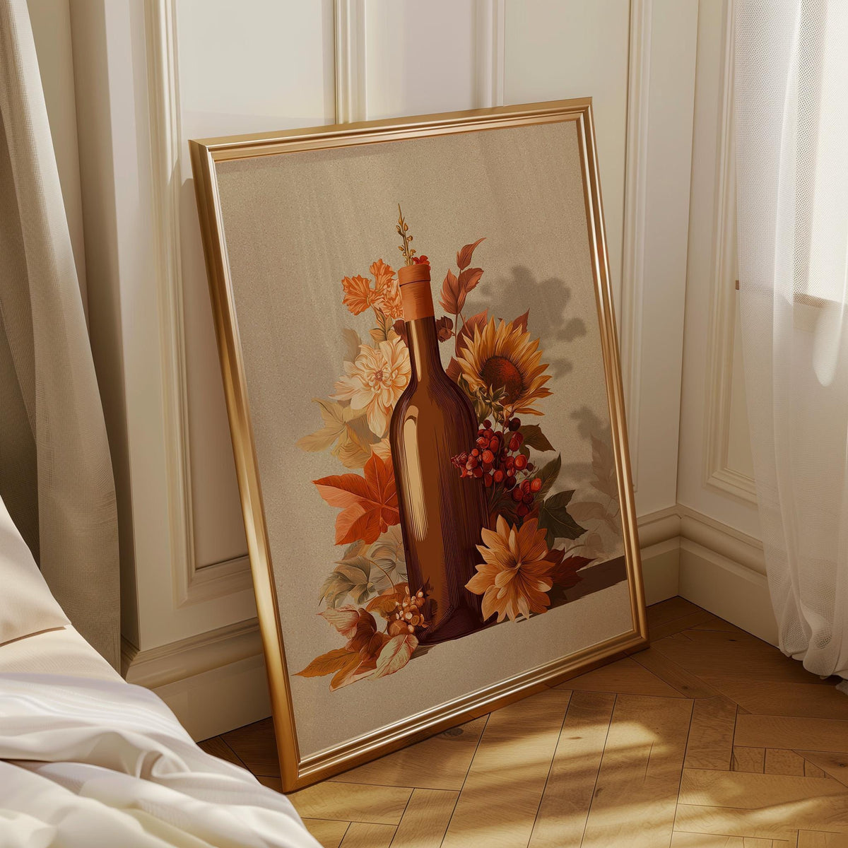 Autumn Wine Bottle Print | Rustic Fall Floral Kitchen Wall Art Poster | Autumn Wall Art Print | Fall Art | Kitchen Wall Ar...