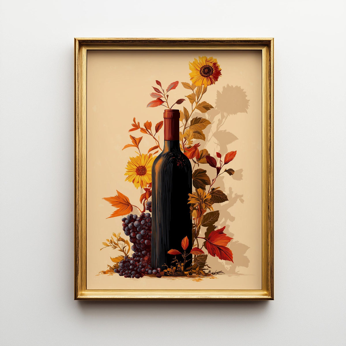 Autumn Wine Bottle Print | Rustic Fall Floral Kitchen Wall Art Poster | Autumn Wall Art Print | Fall Art | Kitchen Wall Ar...
