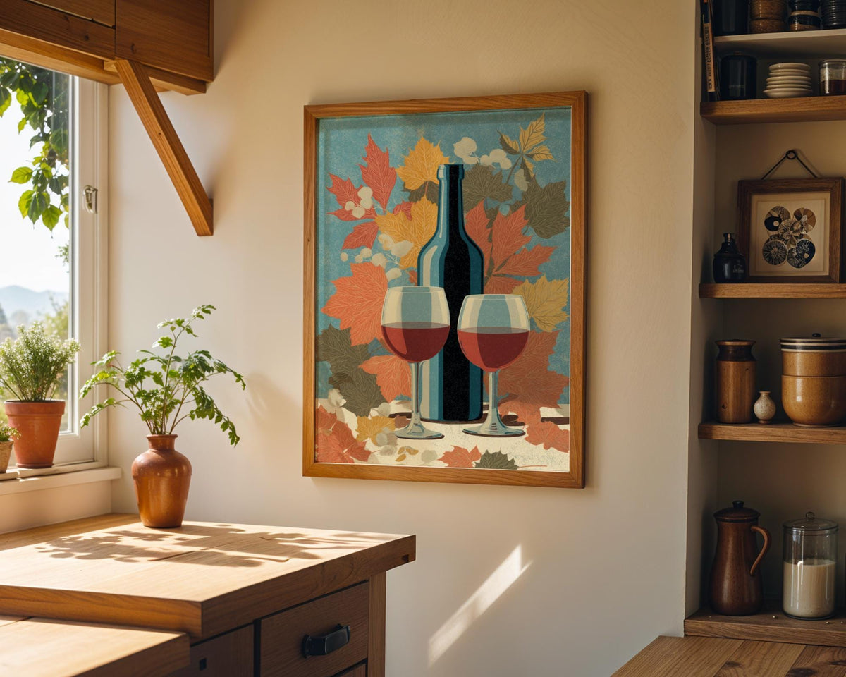 Autumn Wine Bottle Print | Rustic Fall Floral Kitchen Wall Art Poster | Autumn Wall Art Print | Fall Art | Kitchen Wall Ar...