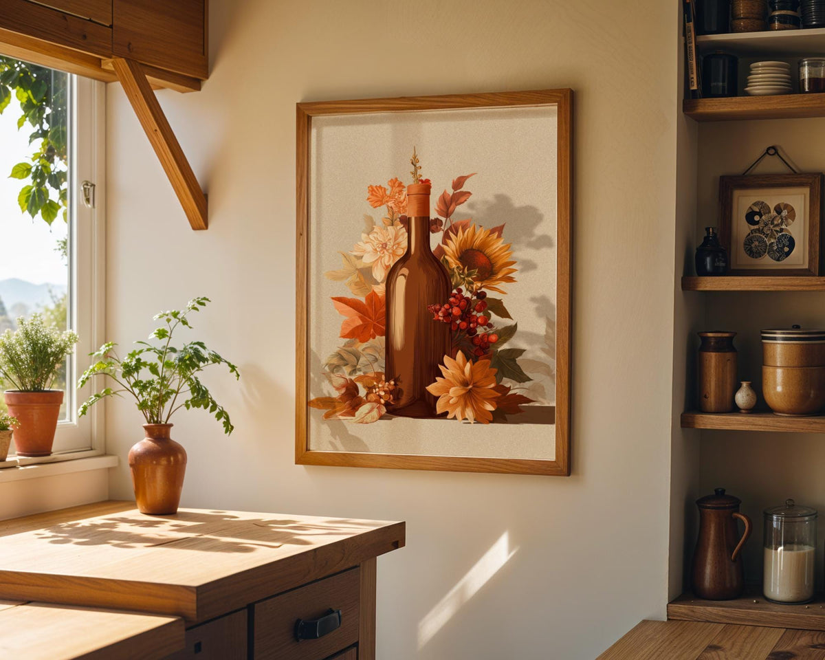 Autumn Wine Bottle Print | Rustic Fall Floral Kitchen Wall Art Poster | Autumn Wall Art Print | Fall Art | Kitchen Wall Ar...
