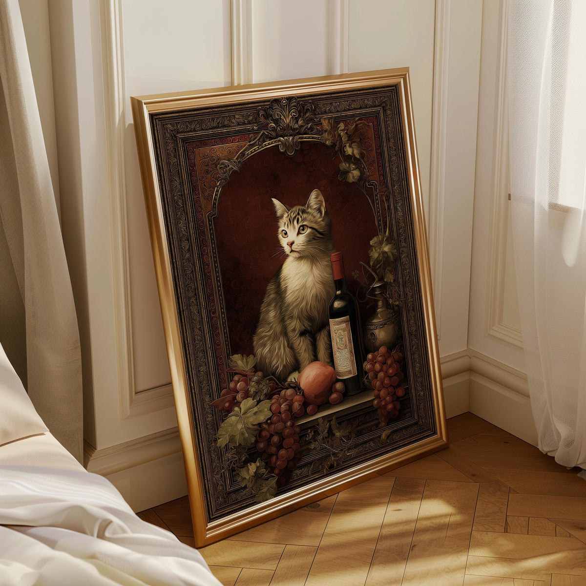 Baroque Cat Still Life Art Print | Vintage Wine and Fruit Painting | Classical Cat Portrait Poster | Elegant Old Master St...