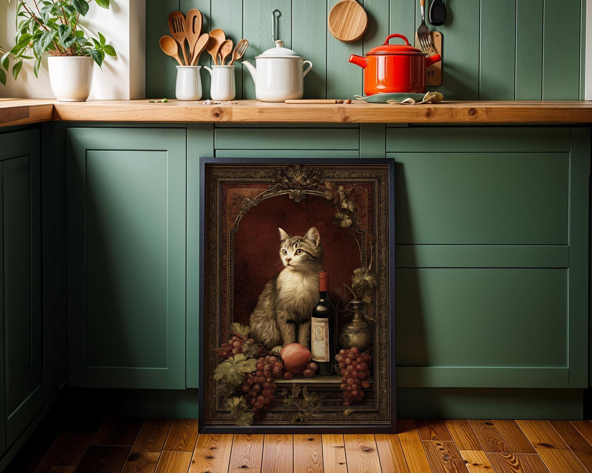 Baroque Cat Still Life Art Print | Vintage Wine and Fruit Painting | Classical Cat Portrait Poster | Elegant Old Master St...