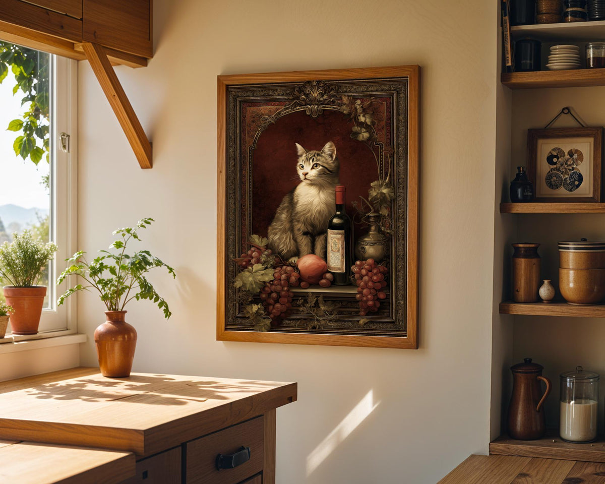 Baroque Cat Still Life Art Print | Vintage Wine and Fruit Painting | Classical Cat Portrait Poster | Elegant Old Master St...