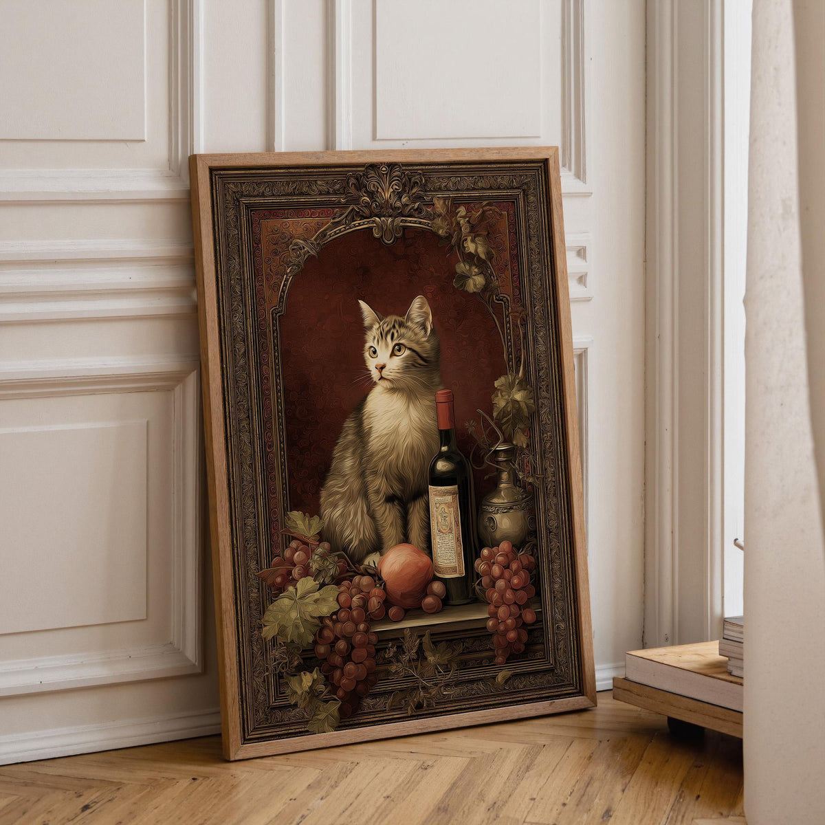 Baroque Cat Still Life Art Print | Vintage Wine and Fruit Painting | Classical Cat Portrait Poster | Elegant Old Master St...