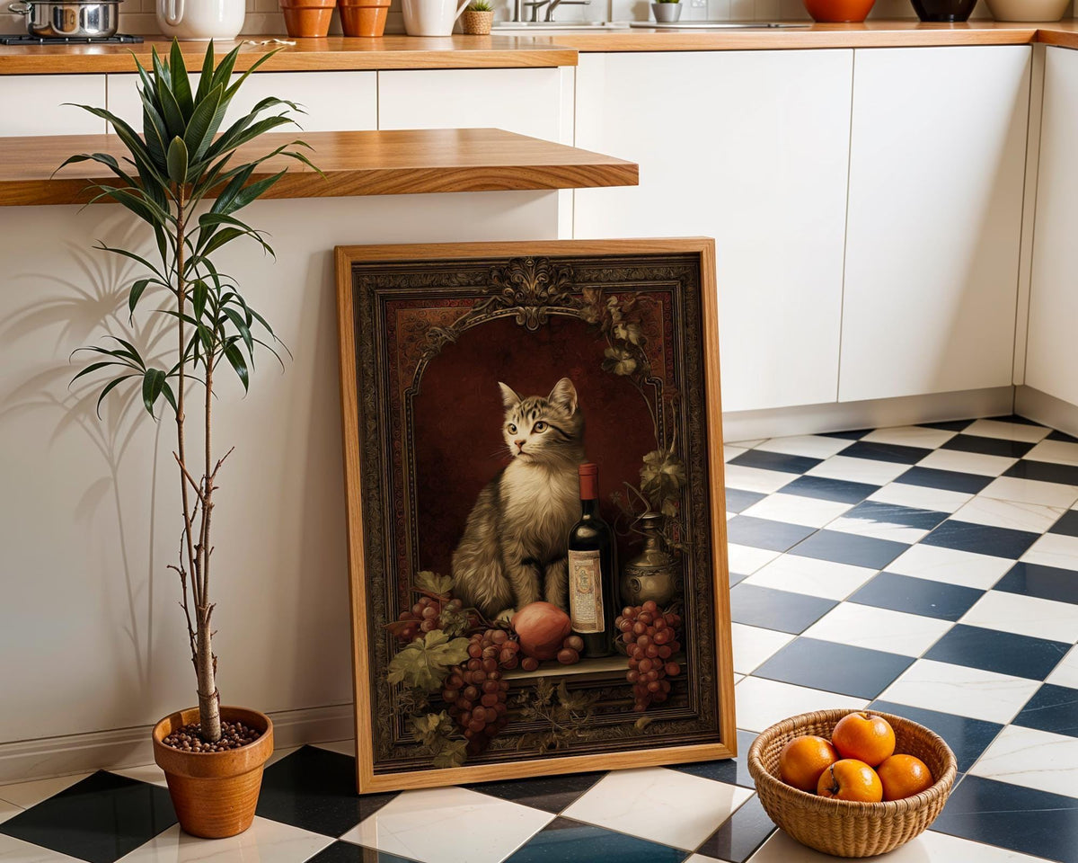 Baroque Cat Still Life Art Print | Vintage Wine and Fruit Painting | Classical Cat Portrait Poster | Elegant Old Master St...