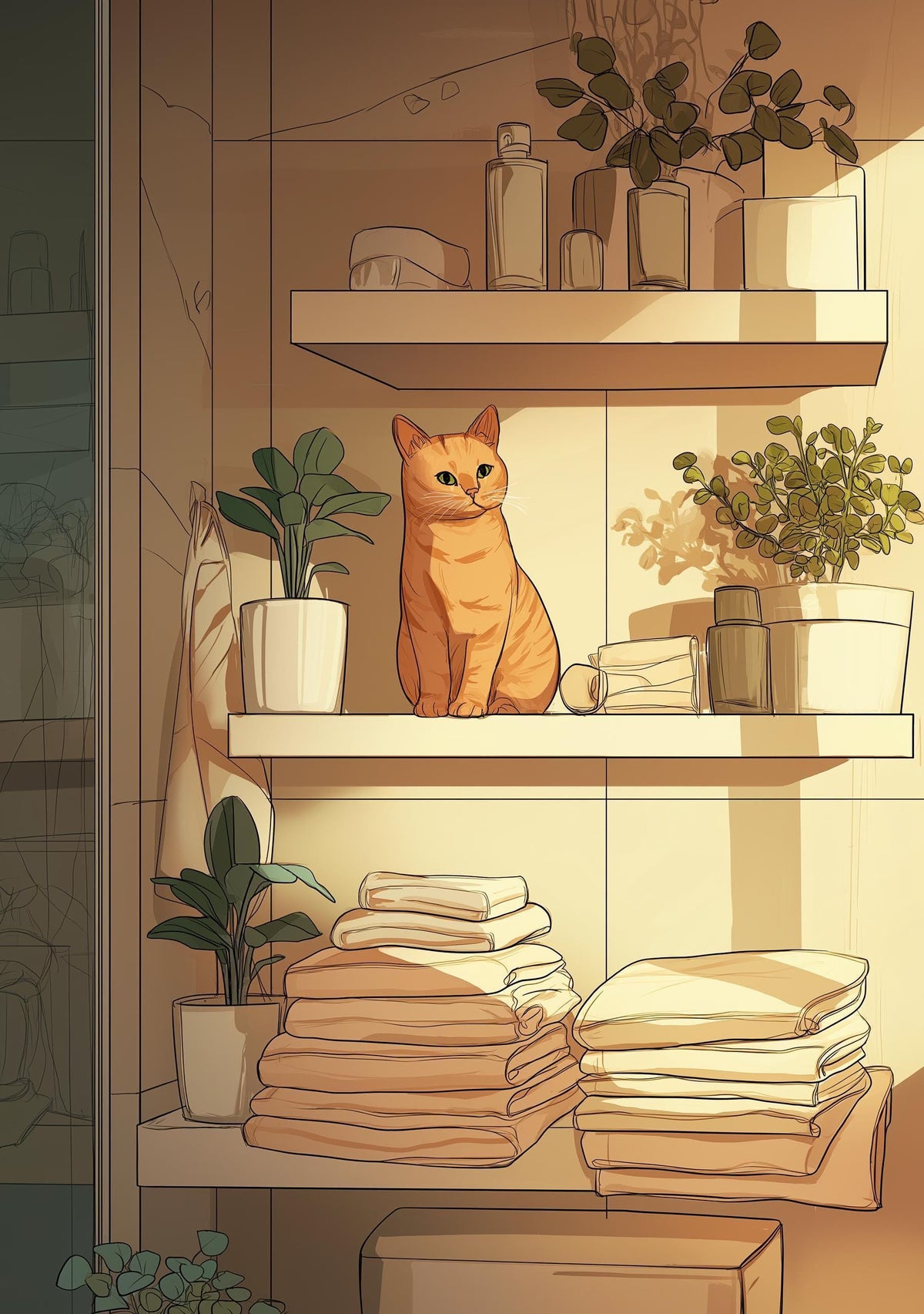 Bathroom Cat Art Print • Ginger Cat Toilet Décor • Funny Shelf Cat Illustration • Modern Pet Wall Art • by The Wall Art St...