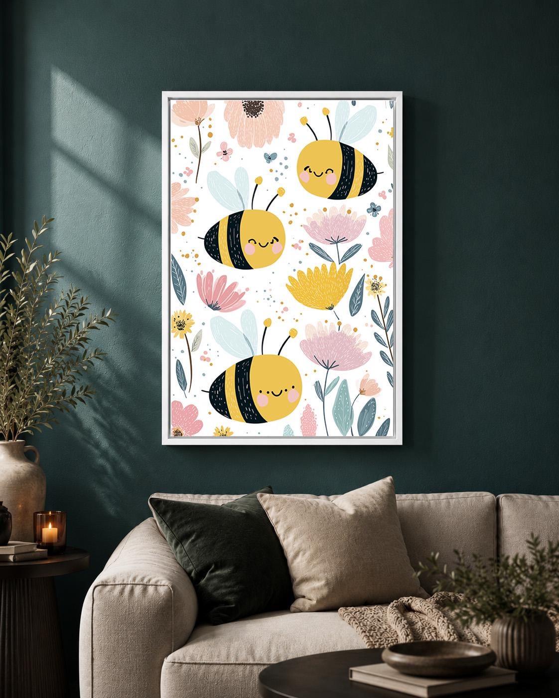Bee Floral Framed Canvas Art, Whimsical Nursery Animal Print, Baby Room Decor by The Wall Art Studio - physical