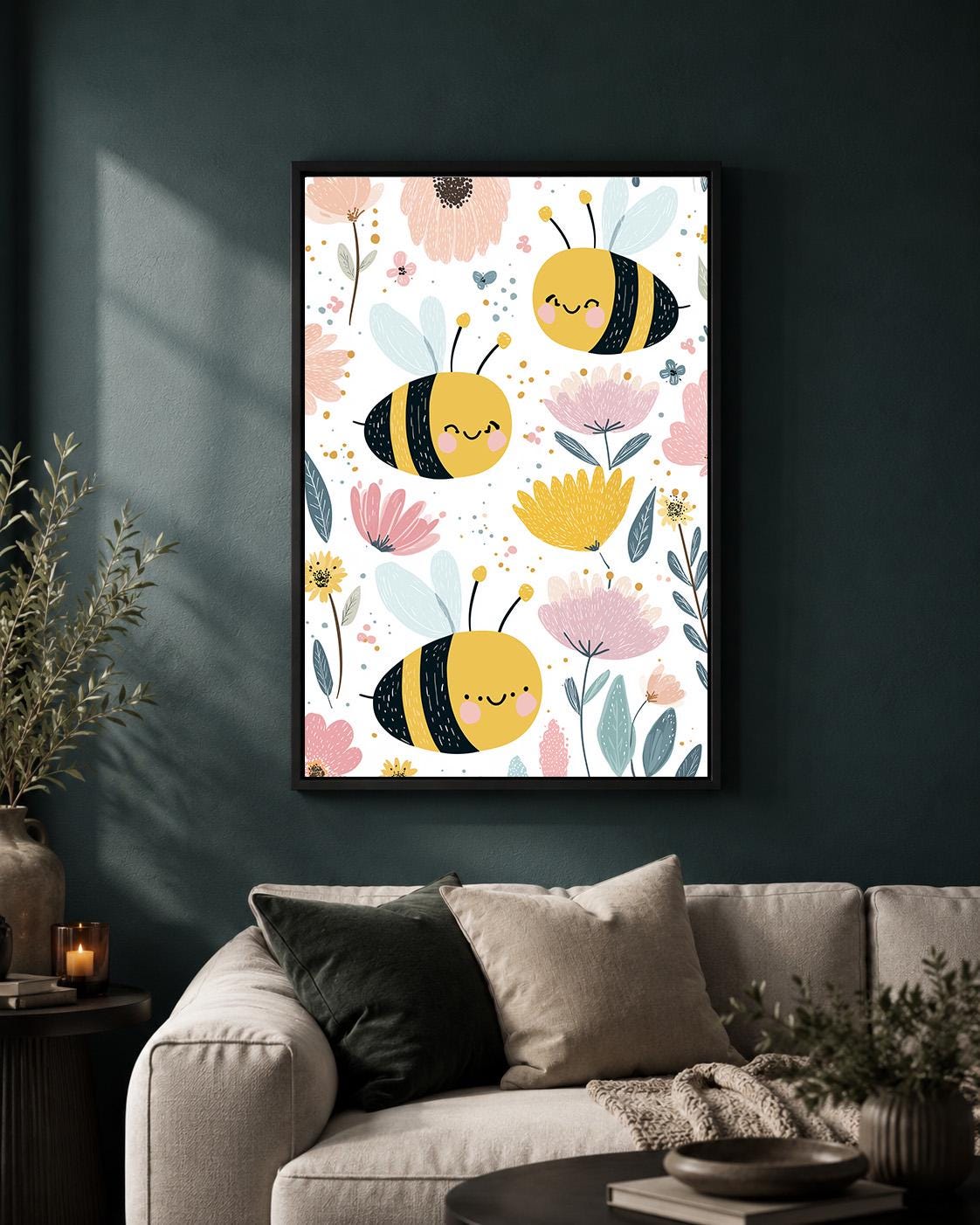 Bee Floral Framed Canvas Art, Whimsical Nursery Animal Print, Baby Room Decor by The Wall Art Studio - physical