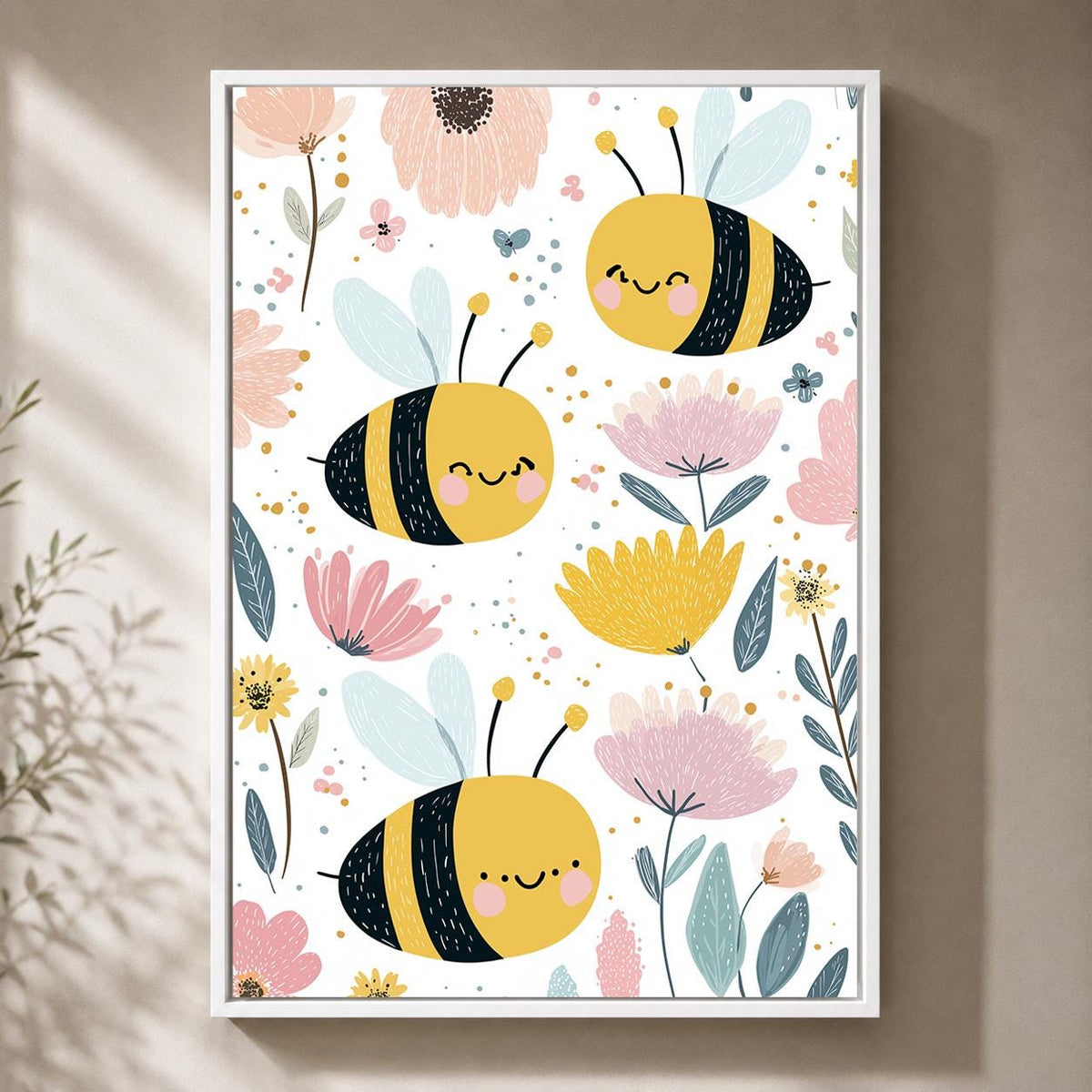 Bee Floral Framed Canvas Art, Whimsical Nursery Animal Print, Baby Room Decor by The Wall Art Studio - physical