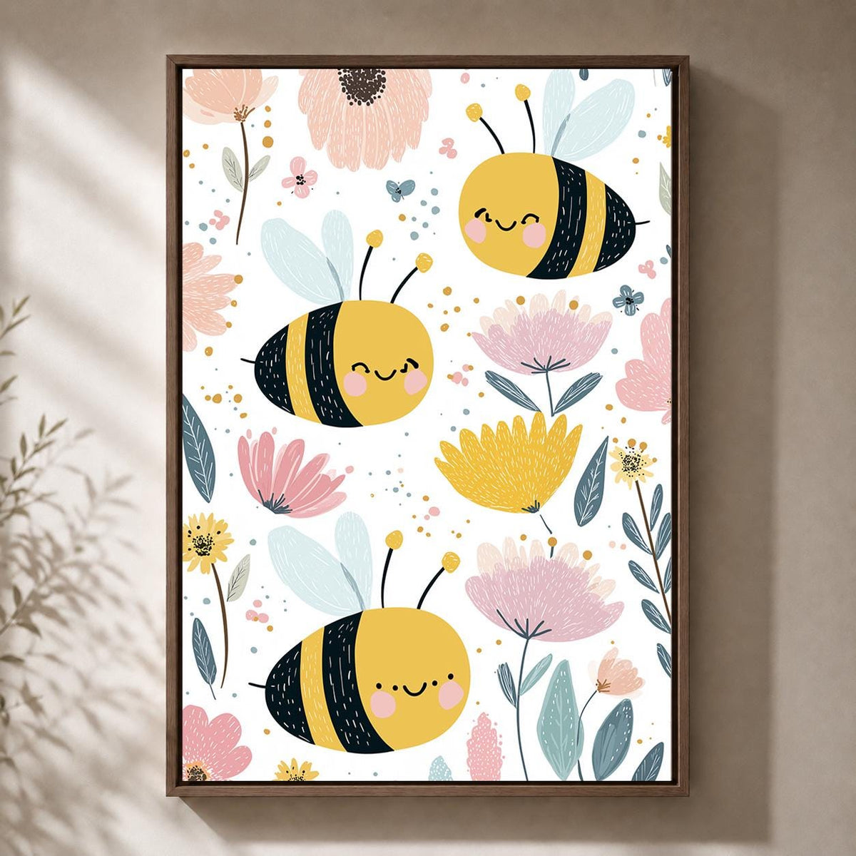 Bee Floral Framed Canvas Art, Whimsical Nursery Animal Print, Baby Room Decor by The Wall Art Studio - physical
